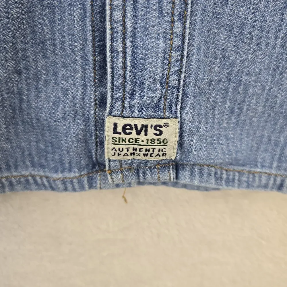 Vintage 90s Levis Denim Metal Button Up Shirt Large Blue Tab Ticking Stripe